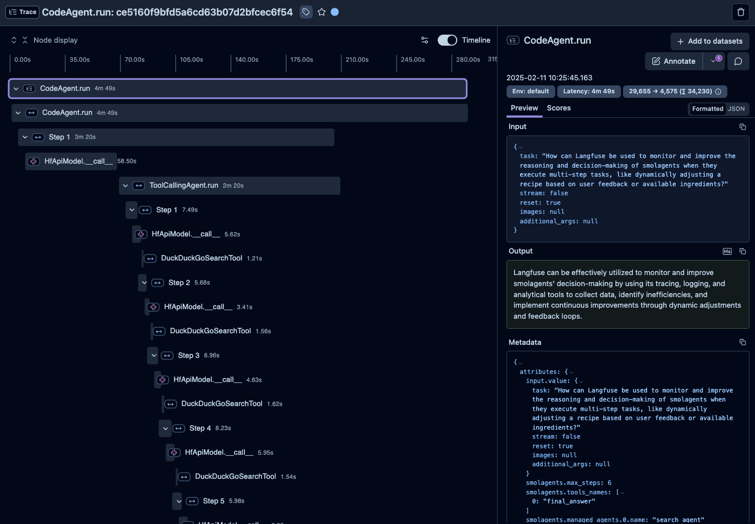 Smolagents Example trace in Langfuse